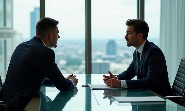 Two professionals in a modern boardroom engaged in a serious discussion