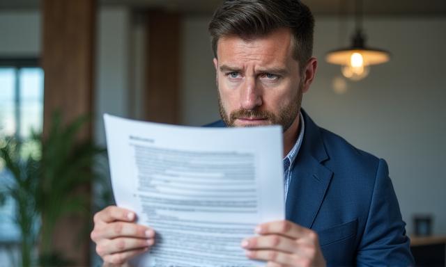 A person looking stressed while reviewing a generic legal document