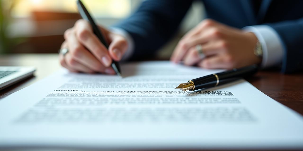 Close up of a professional signing a B2B service agreement on a dark wood desk