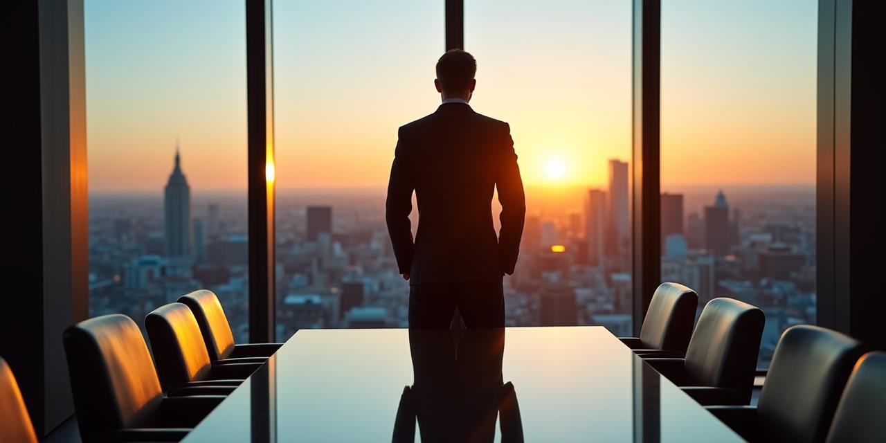 A focused legal professional standing before a boardroom glass wall, contemplating strategy